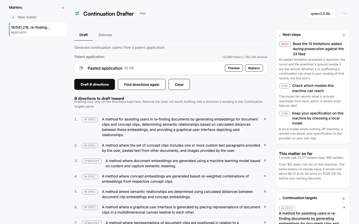 Continuation Drafter's first step on 18/541,216, run locally with qwen3.5:9b: the 8 directions it proposed for a continuation before drafting anything, each marked as found in the specification or as a strategy, for the practitioner to keep, edit or remove.