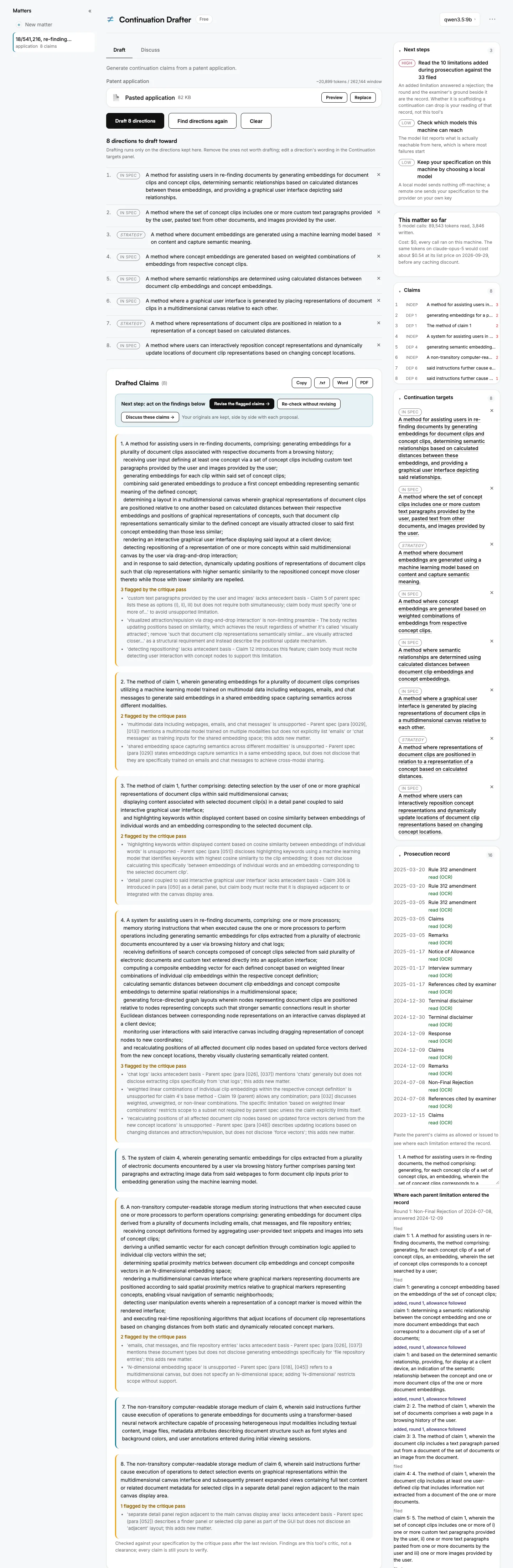 Continuation Drafter (now Patent Practitioner Tools), the whole Draft tab after a run on 18/541,216, run locally with qwen3.5:9b: the 8 directions it drafted toward, then 8 drafted claims, 6 of them with the defects the tool's own critique pass flagged beneath them. Beside them: next steps, what the matter has cost, the claim list, the continuation targets, and the prosecution record read from 58 papers of the Patent Center file history.